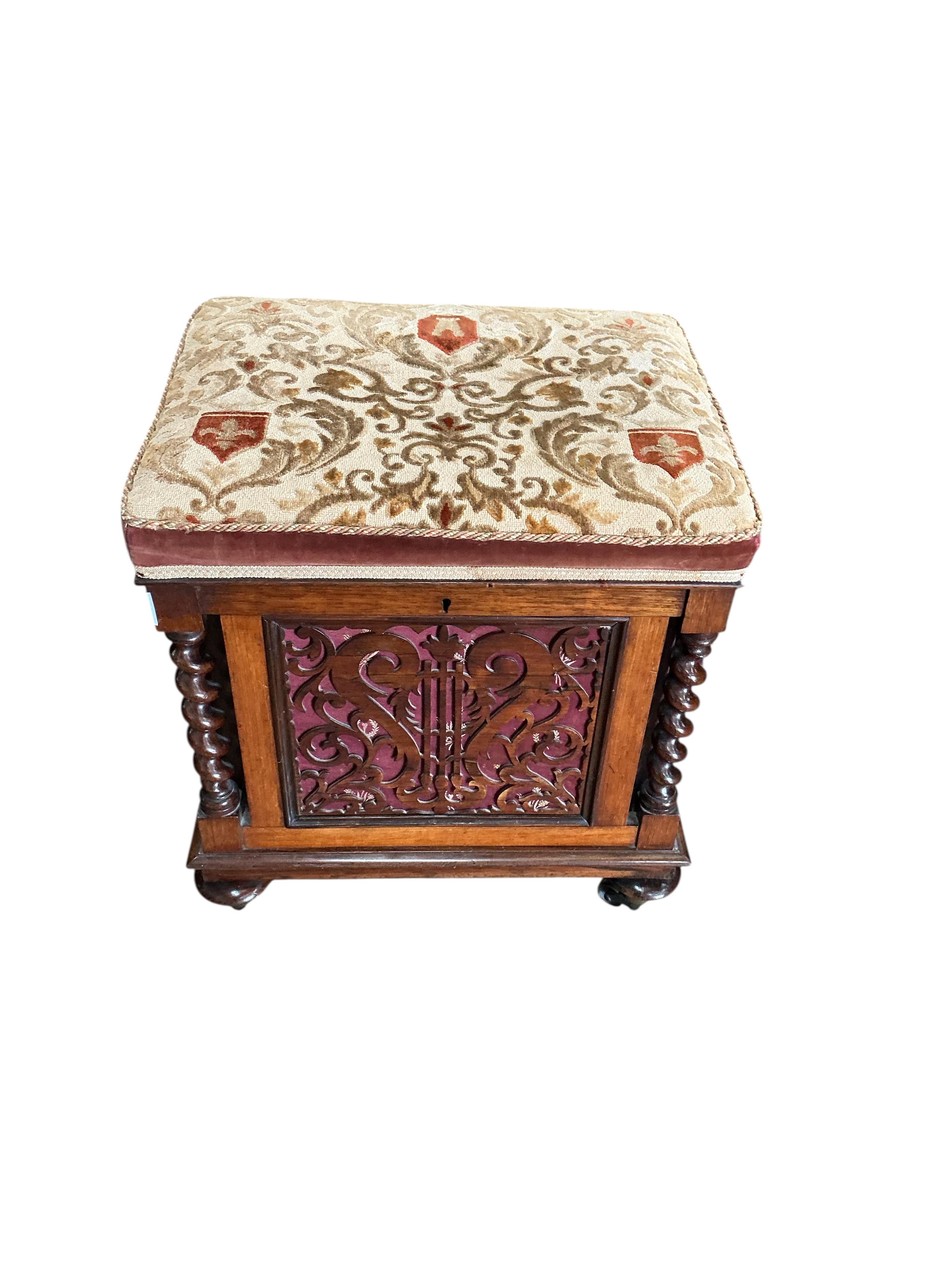 A Victorian rosewood upholstered box seat music stool with fret cut panels, width 47cm, depth 38cm, height 52cm